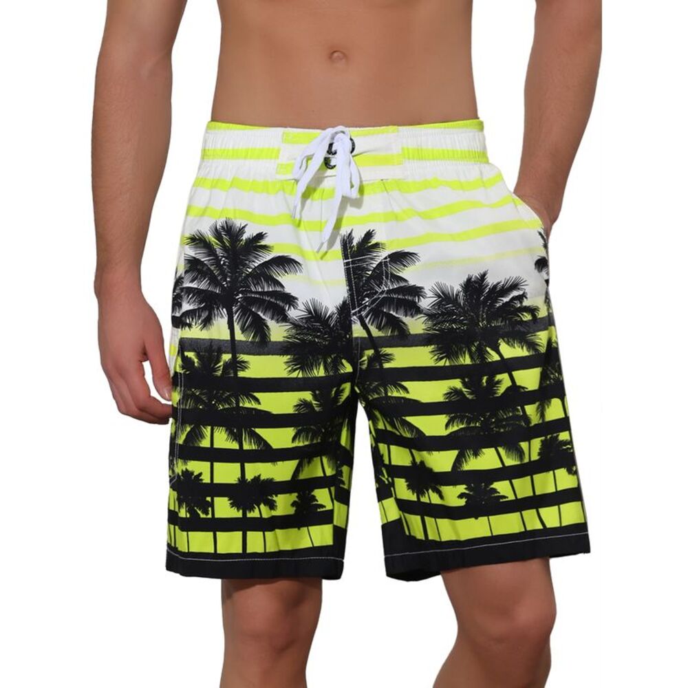 Men's Color Block Tropical Trees Printed Striped Beach Shorts Yellow